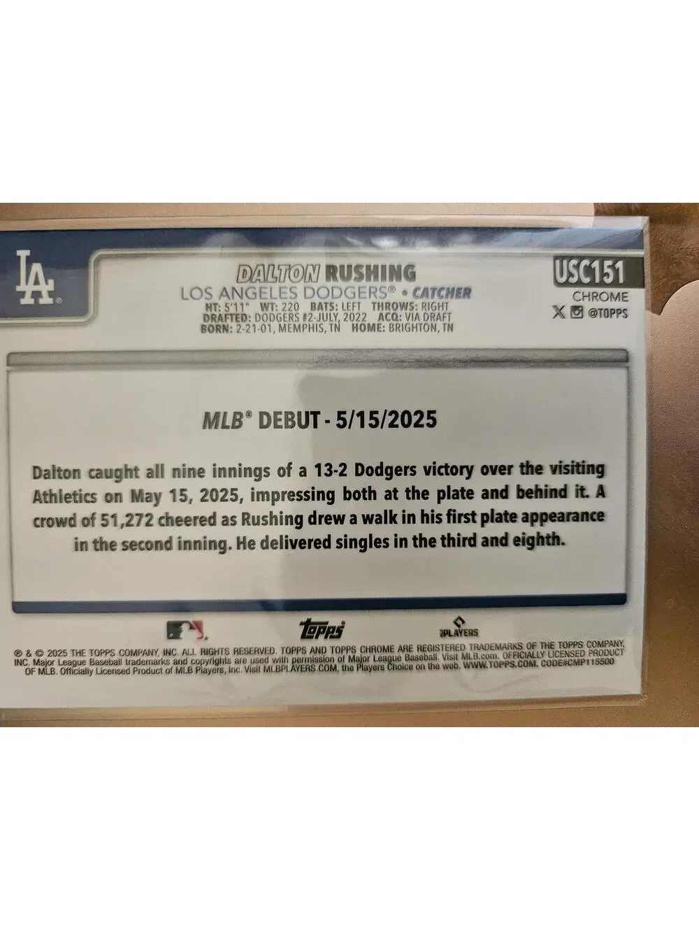 2025 Topps Chrome Update - Dalton Rushing (RC) USC151 - Dodgers - RAW Mint - Picture 2 of 2